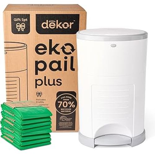 Diaper Dekor EKO Plus Diaper Pail Gift Set, White | ONLY Eco-Friendly Diaper Pail Made with 70% Recycled Materials | Comes with up to a Year's Supply Worth of Diaper Dekor Refills!