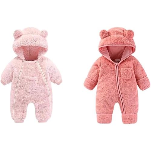 0-3Months Newborn Baby Bear Outfit Suit Girls Boys Pink Fleece Jumpsuit Romper Hooded Coat Winter Clothes Newborn Baby Bear Outfit Suit Fold-Over Mittens Footies