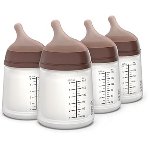 Suavinex Zero Zero Anti Colic Baby Bottle, No 1 Spanish Baby Bottle Brand, Minimizes Bottle Rejection & Nipple Confusion, Perfect for Breastfeeding Babies, 4 PK 6 oz, Deep Tone, Adaptable Flow