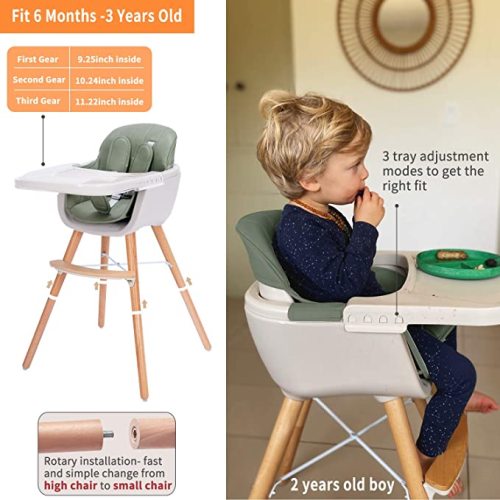 3-in-1 Wooden High Chair Made of Sleek Hardwood & Premium Leatherette, Baby Highchair with Adjustable Legs & Dishwasher Safe Tray, Green Color - Color Green