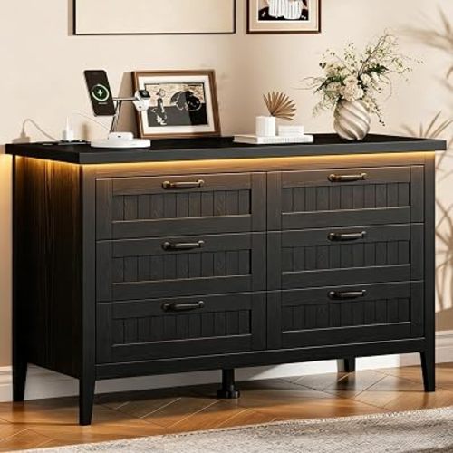 IDEALHOUSE 47.3'' Black 6 Drawer Dresser with Charging Station & LED Lights