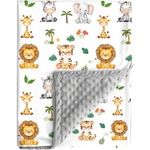 Safari Baby Blanket Jungle Animals Gender Neutral Minky Blankets for Newborn Baby Girls or Boys Lion Nursery Toddler Double Layer Blanket with Dotted Backing and Safari Animal Printed (Lion)