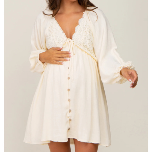 Beige Crochet Lace Button Front Maternity Dress – PinkBlush