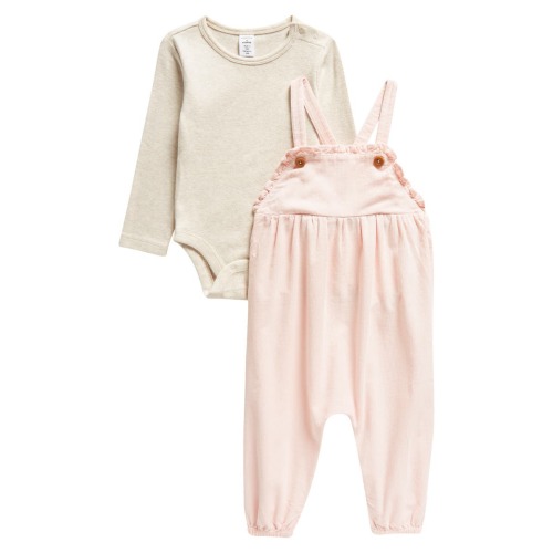 Long Sleeve Cotton Bodysuit & Corduroy Overalls Set