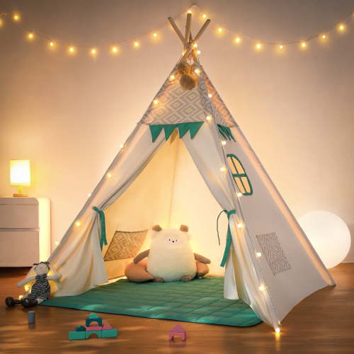 Besrey Kids Teepee Play Tent with String Lights & Thickened Mat,Kids Indoor Outdoor Playhuose Tent,Green