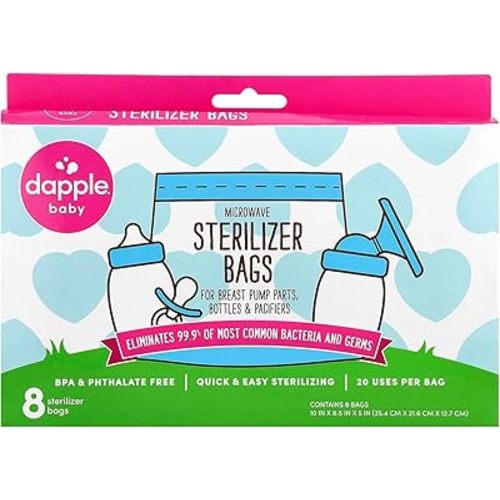 Dapple Baby Microwave Sterilizer Bags, Reusable for Breast Pump Parts & Baby Bottle, 20 Uses Per Bag, Great for Travel & Office, 8 Count (Pack of 1)