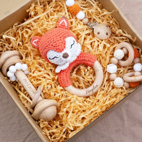 Personalized Fox Crochet Pattern Rattle, First Birthday Gift, Newborn Gift Set, Baby Sensory Toys, Knitted Baby Gifts,Welcome Baby Gift