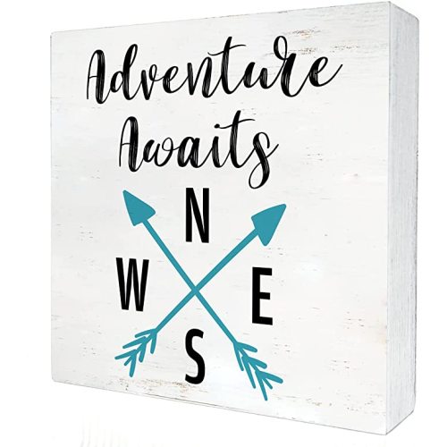 Camping Adventure Awaits Wood Box Sign Home Camp Decor Rustic Traveler Hiker Camper Wooden Box Sign Block Plaque for Wall Tabletop Desk Decoration