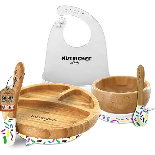 NutriChef Baby and Toddler, 3 compartment plate, bowl, and spoon feeding set- silicone suction, Non-toxic all natural Bamboo baby food plate with silicone bib (Sparkle)