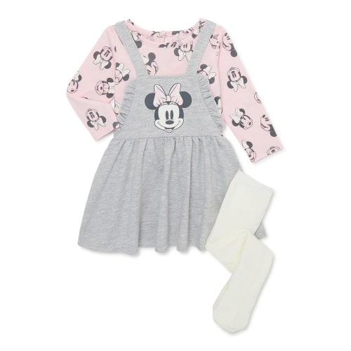 Disney Minnie Mouse Baby Girls Pinafore Dress, Top with Long Sleeves and Tights Set, 3-Piece, Sizes 0/3-24 Months