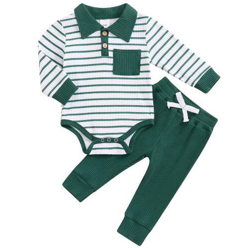 Infant Baby Boys 2pcs Autumn Ripped Outfits Set Long Sleeve Striped Romper with Pants Kids Clothes
