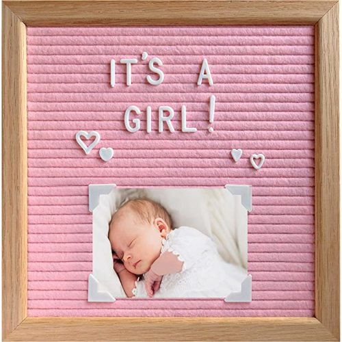 Pink Letter Board With Letters 10x10 Oak Frame, Pink Message Board With Letters Set, Felt Letter Board Pink with 374 Precut Letters and Symbols, Pink Felt Letterboard For School Or Baby Announcement - Pink Felt Oak Frame - 10x10 inch