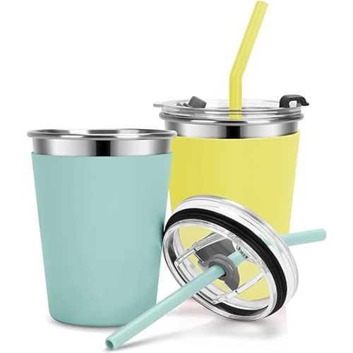 Kids Cups with Straws and Lids Leak Proof, 12oz Sippy Cups for Toddlers 1-3, 2 Pack Spill Proof Cup Stainless Steel Kids Cups with Lids for School, Outdoor (Green & Yellow)