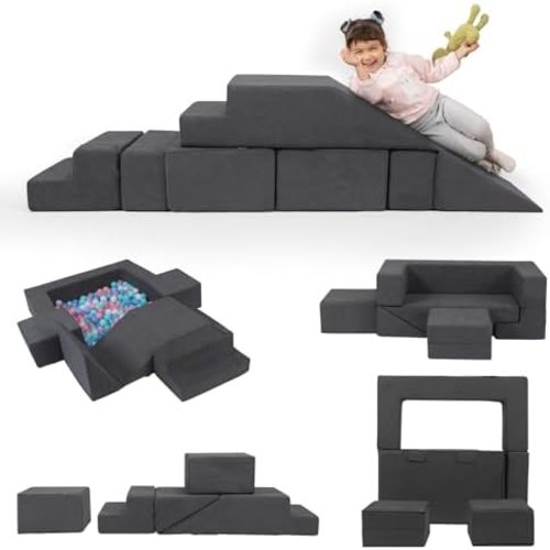 Modular Kids Couch,Toddlers Convertible Climbing Play Couch Sofa and Imaginative Furniture Foldable Floor Cushion with 2 Ottomans Playset for Playroom Bedroom (Chenille Fabric Gray)