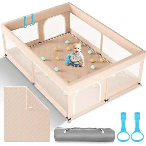 Omzer Baby Playpen with Mat 71"×59" - Extra Large Playpen for Babies and Toddlers with Mat Included, Safety Playard for Baby with Gate, All-Wrapped Soft Sponge Baby Gate Playpen with Stable Mat Velcro