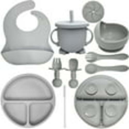 HippoBaby Baby Led Weaning Supplies | 10 Piece Silicone Feeding Set | Baby Toddler Bib Cup Divided Plate and Bowl Self Feeding Spoons Dish Set | Toddler Feeding Supplies (Cloud)