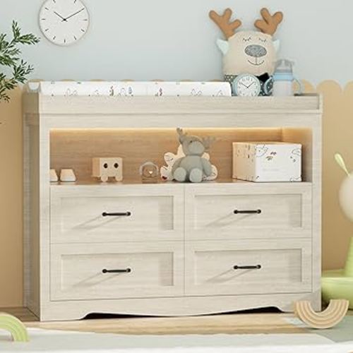 Baby Changing Table with Changing Table Top for Infants Nursery Dresser Chest with 4 Drawers Storage Changing Station Dresser with LED Light Diaper Changing Station Nursery Organizer,Beige