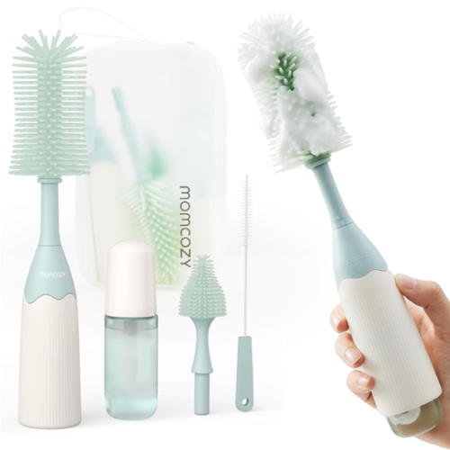 Momcozy Bottle Brush Kit, Innovative Push-Press Design for Better Cleaning - Baby Bottle Cleaner Brush for Baby Bottle, Breast Pumps, Nipples, and More - Can Generate Foam for Better Cleaning, Green