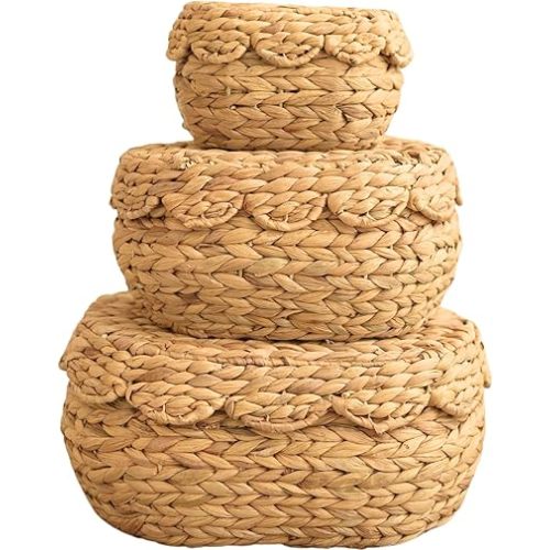 Scalloped Basket with Lid Set of 3,Storage Boxes for Shelves,Decorative Storage Boxes With Lids,Water hyaxinth Storage, Shelf Baskets Set for Organizer