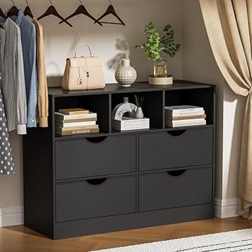 4 Drawers Dresser with Open Cube, Black Chest of Drawers, Dresser for Bedroom, Fabric PU Drawer Dresser, White Dresser with Large Organizer, Closet Dresser with 4 Drawers, Black