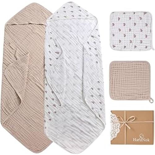 Muslin Baby Hooded Towels 4 Pack, Premium Muslin 6 Layers Natural Cotton Baby Bath Towels, Soft and Comfortable for Boys,Girls (32 x 32, Boho Rainbow Brown)