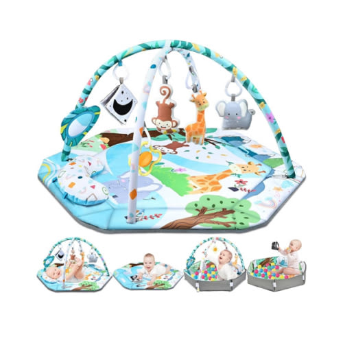 Baby Gym Play Mat, 8-in-1 Tummy Time Mat & Ball Pit with 6 Toys, Washable Baby Activity Play Mat for Visual, Hearing, Sensory, Motor Development, Baby Toys Gift for Toddler Infant 0-3-6-9-12 Months