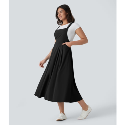Breezeful™ Adjustable Strap Button Multiple Pockets Flowy Quick Dry Midi Casual Dress