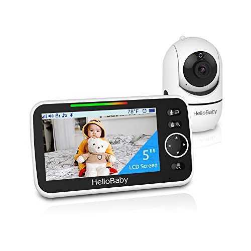 HelloBaby Monitor, 5''Display, Pan-Tilt-Zoom Video Baby Monitor with Camera and Audio, Night Vision, 2-Way Talk, Temperature, 8 Lullabies and 1000ft Range Baby Monitor No WiFi