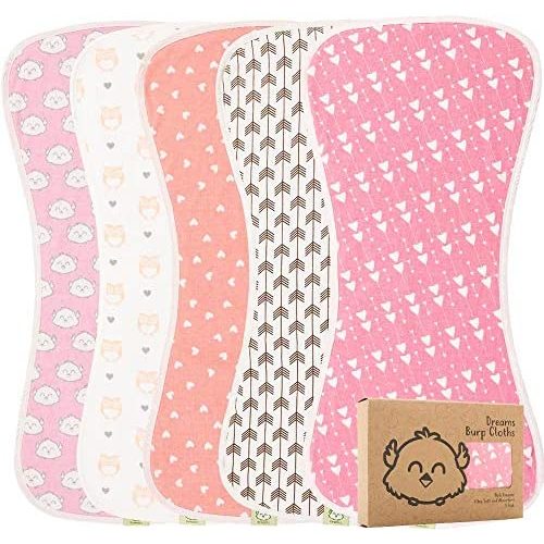 Organic Burp Cloths for Baby Boys and Girls - 5-Pack Ultra Absorbent Burping Cloth, Burp Clothes, Newborn Towel - Milk Spit Up Rags - Burpy Cloth Bib for Girl - Burp Cloths (Pink Dreams)
