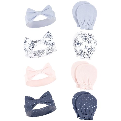 Hudson Baby Infant Girl Cotton Headband and Scratch Mitten Set, Blue Toile, 0-6 Months - Blue Toile