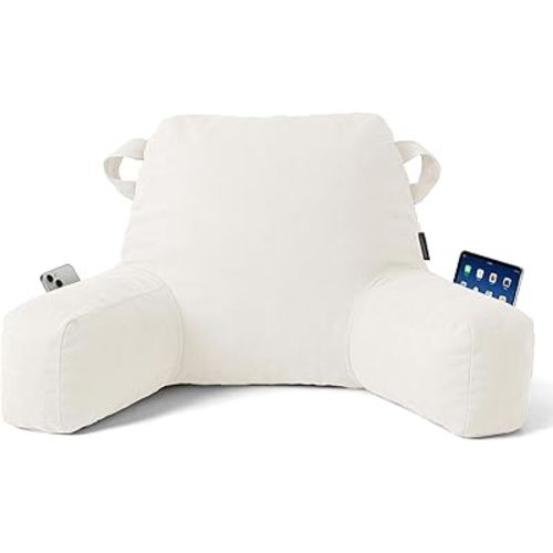 Portable Comfy Reading Pillows for Bed Sitting Up(Beige Oeko-Tex), Velvet Back Pillow with Arms & Pockets for Adults, Support Memory Foam Bed Pillow for Dorm/Reading/Watching/Gaming