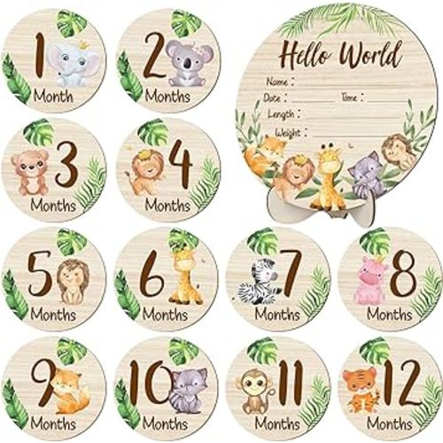 Wooden Baby Monthly Milestone Cards Double Sided Baby Birth Announcement Sign, Hello World Milestone Sign Discs Pregnancy and Baby Shower Gifts for Newborn Photo Props