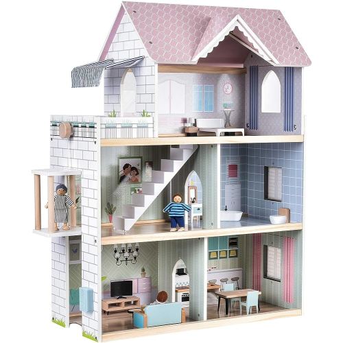 Giant bean Wooden Dollhouse 2.6 feet High with Elevator, Doorbell, Light,15 Pieces Furnitures and 3 Dolls, Toy Gift for Girls Ages 3-7+