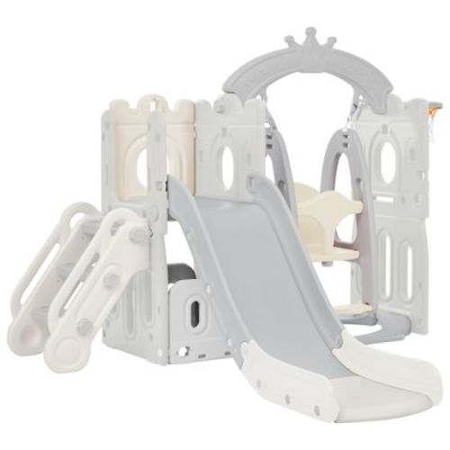 5-in-1 Kids Slide Swing Set, Baby Slide for Toddlers Age 1-3, Climber Slide Playset with Basketball Hoop Indoor Outdoor Playground Freestanding Slide