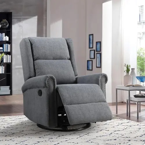 Antetek Swivel Rocking Recliner Chair, Velvet Nursery Glider Chair with Footrest/High Back, Manual Wingback Upholstered Nursery Rocking Chairs for Living Room, Nursery, Bedroom, Grey