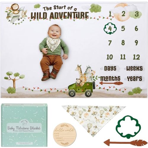 Bliss n' Baby Monthly Milestone Blanket for Baby Boys & Girls - 60"x40" - Wrinkle Free Newborn Blanket with Baby Announcement Sign, Bib & Frames - Washable & Dryable - Safari Theme Nursery Gift Set