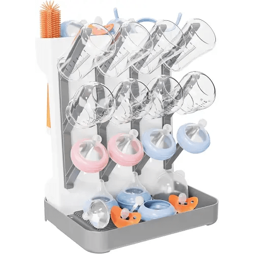 Baby Bottle Drying Rack, Vertical Bottles Dryer Holder Space Saving Standing Bottle Drying Rack for Countertop Kitchen Organize Bottles & Baby Accessories Brushes Pacifiers and Pump Part (Grey)