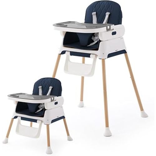 3 in 1 Portable Baby High Chair for Babies and Toddlers, Adjustable Convertible Infant Baby Feeding Chair Booster for Eating with Detachable Double Tray, 5 Point Harness,Blue