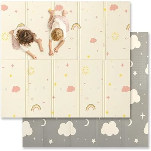 Extra Large Foldable Play Mat, 79x71x0.6 Inch Reversible Baby Play Mat, Non-Toxic & Waterproof Baby Mat for Floor, Foam Play Mat with Travel Bag for Infants Toddlers, Rainbow, Cloud & Moon