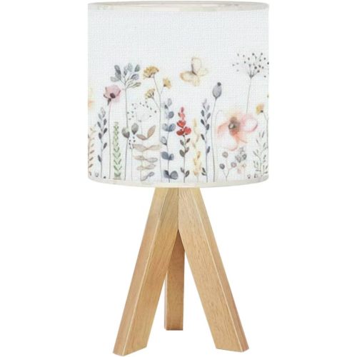 Tripod Table Lamp Watercolor Floral Seamless Colorful Wildflowers Leaves Plants Bedside Desk Lamp Wooden Nightstand Lamp with Linen Fabric Shade for Nursery Living Room Kids Room Bedroom