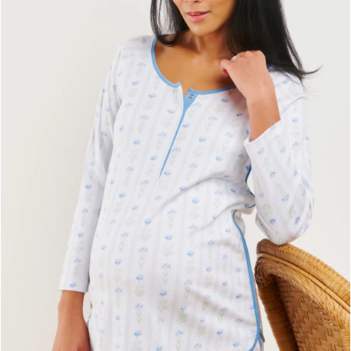LAKE | Women | Pima Cotton Pajamas | Serene Blue Watercolor Stems Maternity Long Long Set