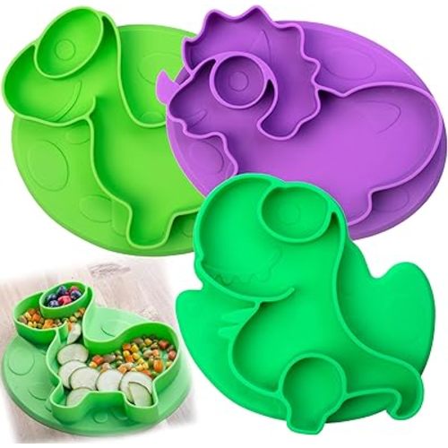 Toddler Silicone Non-Slip Divided Plates- 3 Difft Dino Designs (T-Rex Tricera Bronto)- Large Compartments for Easy Food Training-Unbreakable Dishwasher Microwave Safe-For Baby Kids Food Grade BPA Free