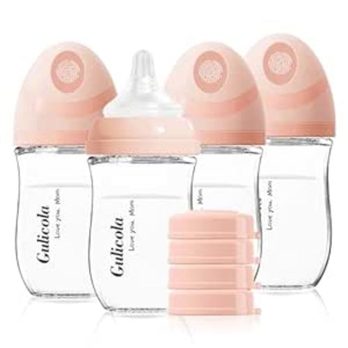 Gulicola Natural Glass Baby Bottle 4 Pack, Newborn Breastfeeding Bottles Set, Extra Slow Flow Nipples (SS), Anti Colic, 0 Months+, 5 oz - Pink
