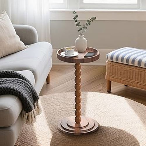 Round Side Table with Solid Wood Leg, Small Drink Table for Small Spaces, Martini Table with Raised Edge, Pedestal Side Table for Living Room, Bedroom,Sofa and Couch (Walnut Brown)
