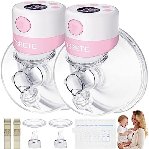 TSRETE Double Wearable Breast Pump, Electric Hands-Free Breast Pumps with 2 Modes, 9 Levels, LCD Display, Memory Function Rechargeable Milk Extractor-24mm Flange, Pink