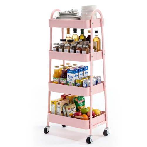 Gianna 4 Tier Utility Rolling Cart, Metal Mobile Storage Shelf with Lockable Caster Wheels, Organization for Livingroom, Bathroom & Narrow Places, Pink