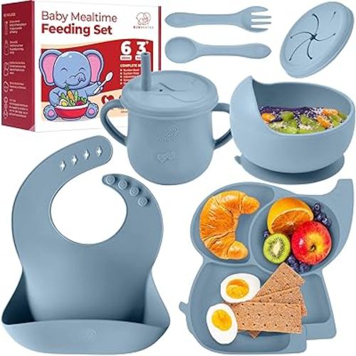 Silicone Baby Feeding Set, 8 Pcs Premium Toddler Utensils, Baby Feeding Supplies, Complete Baby Led Weaning Utensils -Plate, Bowl, Baby Bibs, Cups, Baby Spoon and Baby Forks for Self Feeding