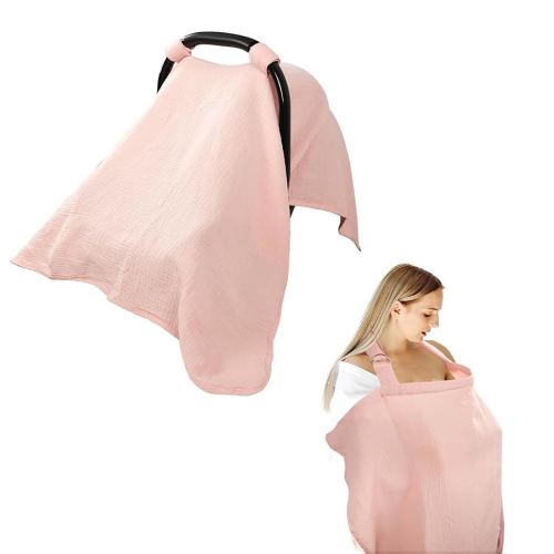 Hooyax 2-in-1 Baby Car Seat Cover & Nursing Cover, 100% Muslin Cotton, Breathable Car Seat Canopy and Privacy Breastfeeding Cover, Pink