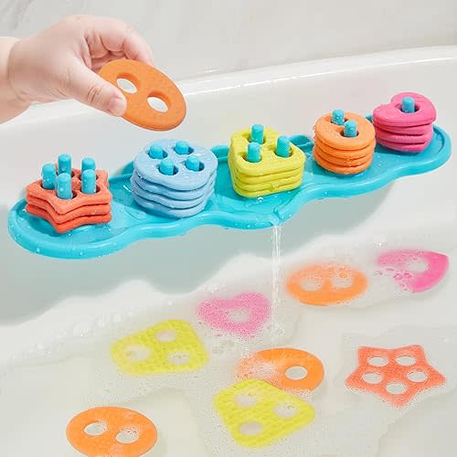 Baby Bath Toys for Kids, Mold Free Bath Toys for Toddlers Silicone Shape Sorting & Stacking Toys with 20 Textured Floating Pieces and Storage Bag, Early Educational Bathtub Toys for Toddlers