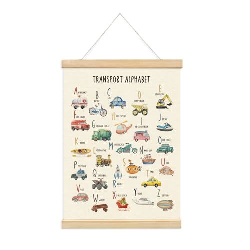 XYDEG Transport Alphabet Poster for Toddlers,ABC Posters for Toddlers,Educational Banner Poster Hanger Frame for Kids,Construction Decor for Boys Room Playroom Wall Art Decor with Wooden Frames,12x16